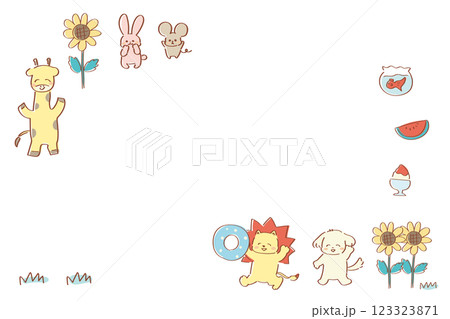 夏の動物たちのフレーム　ゆるかわいい手描きイラスト　ノスタルジックなカラー 123323871