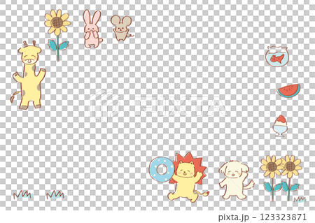Summer animals frame, cute and relaxed hand-drawn illustrations, nostalgic colors 123323871