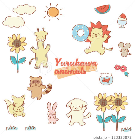 夏の動物たちのゆるかわいい手描きイラスト　ノスタルジックなカラー 123323872