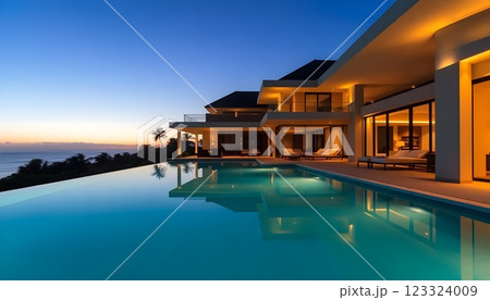 luxury oceanfront villa at dusk luxury oceanfront villa at dusk 123324009