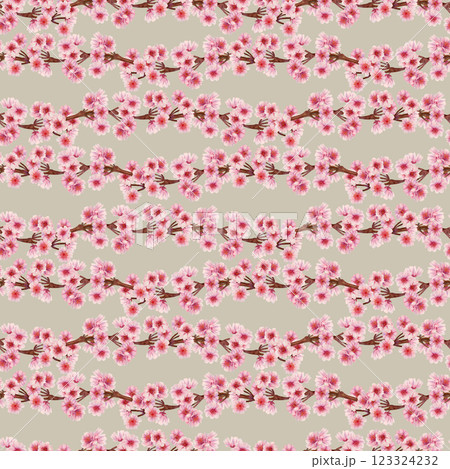 Pink blossoming branches of a spring tree blooming with flowers. Seamless pattern of cherry, apple, almond flowers on a gray background. Watercolor template for Hanami, textile, wallpaper 123324232