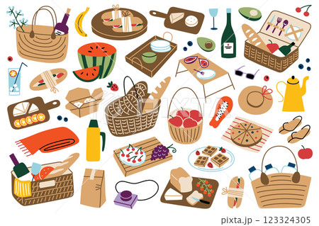 Picnic essentials set with wicker baskets, food, drinks, and accessories. Vector illustrations of sandwiches, fruit, cheese, wine, thermos, tableware, flat cartoon collection for summer meal outdoors 123324305