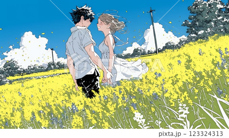 菜の花畑でデートをしている若いカップル