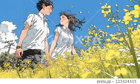 菜の花畑でデートをしている若いカップル