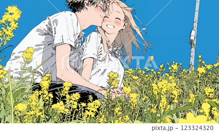 菜の花畑でデートをしている若いカップル