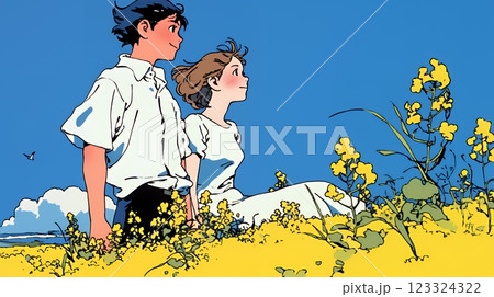 菜の花畑でデートをしている若いカップル