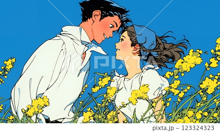 菜の花畑でデートをしている若いカップル