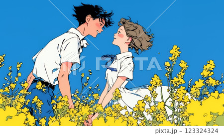 菜の花畑でデートをしている若いカップル