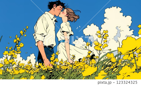 菜の花畑でデートをしている若いカップル