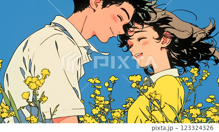 菜の花畑でデートをしている若いカップル