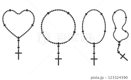 Rosary beads silhouettes set. Prayer heart shaped jewelry for meditation. Catholic chaplet with cross. Religion symbol. Vector illustration. 123324390
