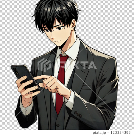 A man in a suit looking at a black smartphone 123324393