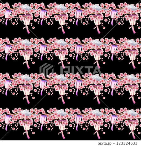 Pink blossoming branches of a spring tree with Japanese lantern, folding paper fans, Mount Fuji. Seamless pattern of cherry, apple, almond flowers on a back background. Watercolor template for Hanami 123324633