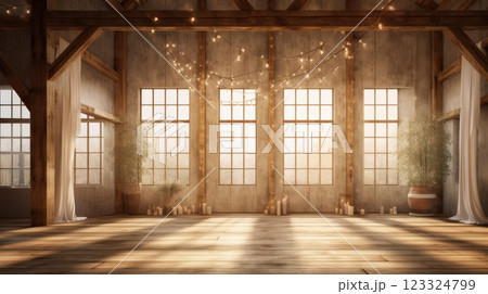 rustic barn wedding venue sunlight wooden floor candles plants 123324799