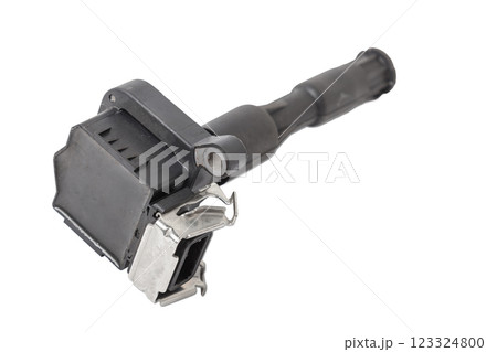 Black ignition coil for engine, isolated on white background. Spare parts for vehicle repair in garage 123324800