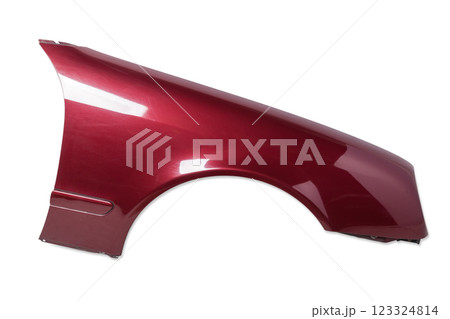 Red metallic fender on a white isolated background in a photo studio for sale or replacement in a car service. Mudguard on auto-parsing for repair or a device to protect the body from dirt 123324814