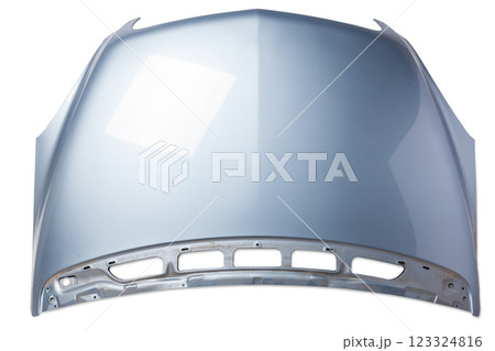Blue iron hood on an isolated background in a photo studio separately after staining and straightening. Bonnet in a car service for sale 123324816