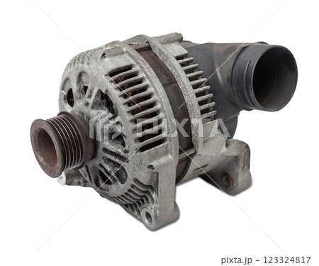 Car generator, car electrical network element on white background, generator details close-up. Spare auto parts for repair Car generator, car electrical network element on white background, generator details close-up. Spare auto parts for repair 123324817