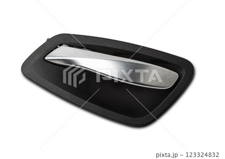 Inside Handle door opening in the vehicle with metal element on white isolated background. Spare parts auto catalog Inside Handle door opening in the vehicle with metal element on white isolated background. Spare parts auto catalog 123324832