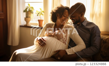 expectant couple embracing by window 123324866