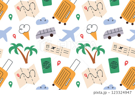 Travel pattern with suitcase, map, airplane ticket, passport, and palm trees doodles. Fun ornament for tourism, vacation planning, summer trips, traveling vector illustrations, seamless background Travel pattern with suitcase, map, airplane ticket, passport, and palm trees doodles. Fun ornament for tourism, vacation planning, summer trips, traveling vector illustrations, seamless background 123324947