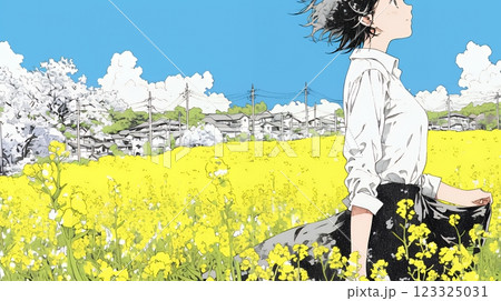 菜の花畑にいる若い女性