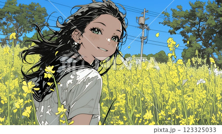 菜の花畑にいる若い女性