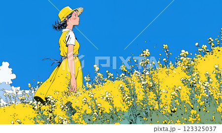 菜の花畑にいる若い女性