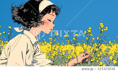 菜の花畑にいる若い女性