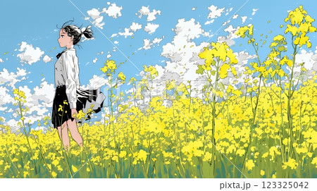 菜の花畑にいる若い女性
