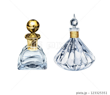 set of watercolor two different vintage perfume glass bottles, hand drawn illustration of transparent gray flacon, golden details, accessories for women, beauty theme, for blogs, shops decoration 123325351