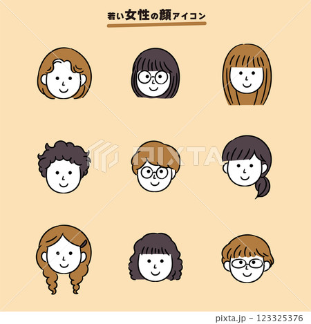 いろいろな女性の顔シンプルアイコン_肌白色 123325376