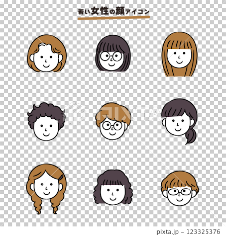 いろいろな女性の顔シンプルアイコン_肌白色 123325376
