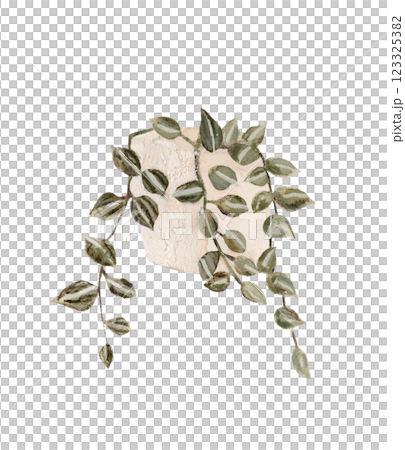 Houseplant in flowerpot. Flat hand drawn foliage string of pearls in beige pot. Cute greenery for urban jungle. 123325382