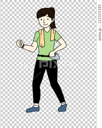 タオルを首にかけ腰にポシェットをつけ腕時計をした女性がウォーキングをする絵 123325385