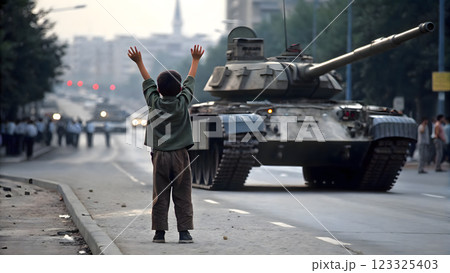 Boy rising hands and standing in front of tank, try to stop tank and war 123325403