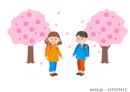 桜並木とランドセルを背負った小学生の男の子と女の子イラスト 123325413