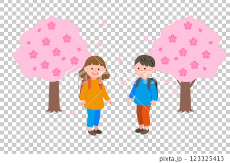 桜並木とランドセルを背負った小学生の男の子と女の子イラスト 123325413
