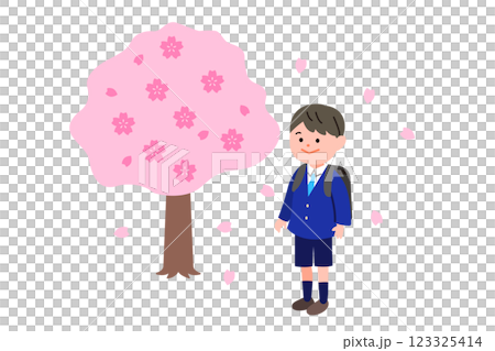 男孩與櫻花共舞的插圖以及櫻花入學儀式 123325414