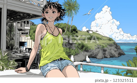 潮風の心地よさを満喫している若い女性