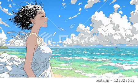 潮風の心地よさを満喫している若い女性