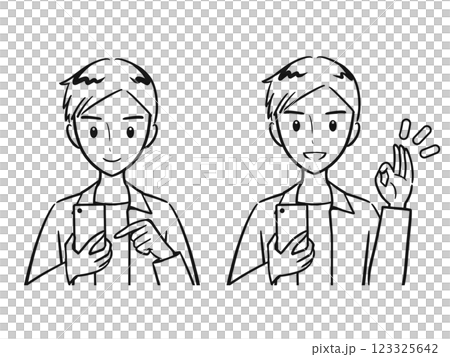 Operate a smartphone Holding a smartphone and making an OK sign Young men set (line drawing Operate a smartphone Holding a smartphone and making an OK sign Young men set (line drawing 123325642