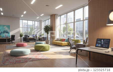 Office Lobby Design Modern Workspace Sunlight Interior: Contemporary office lobby showcasing modern furniture, natural sunlight, and a relaxing atmosphere. 123325718