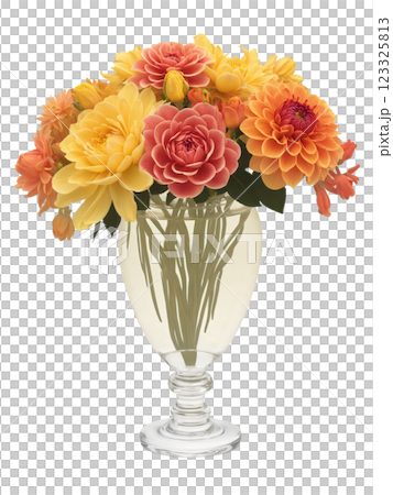 Radiant Dawn (Roses Freesias Dahlias) sculpted vase with soft coral water, holding a bold mix of red roses, 123325813
