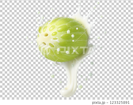 Gooseberry Green gooseberry with juicy pulp and seeds splashing around as it falls into milk, tart and fresh against white. 123325891