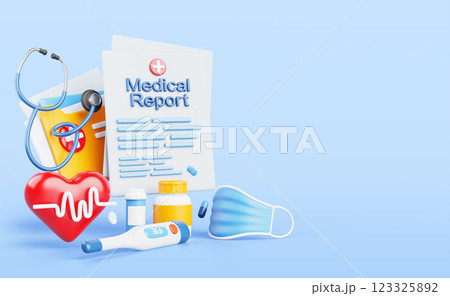 Medical report 3d render banner. Paper health record with patient history, cardiogram examination test results, stethoscope, thermometer, face mask, heart, pill bottles for cardiology. 3D illustration Medical report 3d render banner. Paper health record with patient history, cardiogram examination test results, stethoscope, thermometer, face mask, heart, pill bottles for cardiology. 3D illustration 123325892