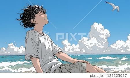 潮風の心地よさを満喫している若い男性