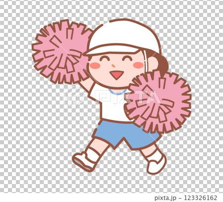 A girl wearing a red and white hat dancing with pom-poms 123326162