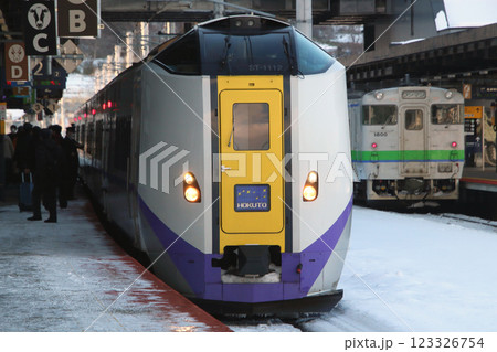 冬の新函館北斗駅に停車中の特急北斗・普通列車キハ40形 123326754