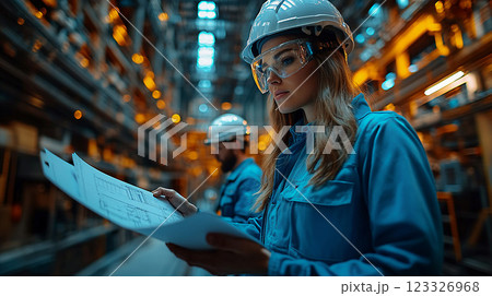 Engineers and architects wearing safety gear, analyzing building plans and site conditions on a modern construction site, depicted with high-resolution accuracy. 123326968